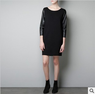 2012 winter fashion leather large o-neck one-piece dress women's