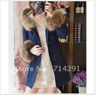 2012 winter fashion raccoon fur horn button berber fleece thickening wool coat medium-long outerwear