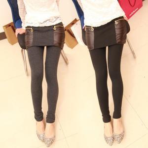 2012 winter fashion slim double zipper faux leather patchwork faux two piece dress legging warm pants boot cut jeans