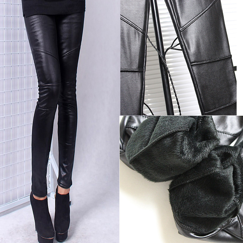 2012 winter faux leather pants PU patchwork legging women's fashion thickening plus velvet basic leather pants