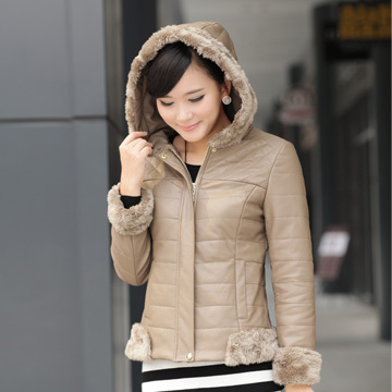 2012 winter female fashion belt caps thickening slim short design leather wadded jacket