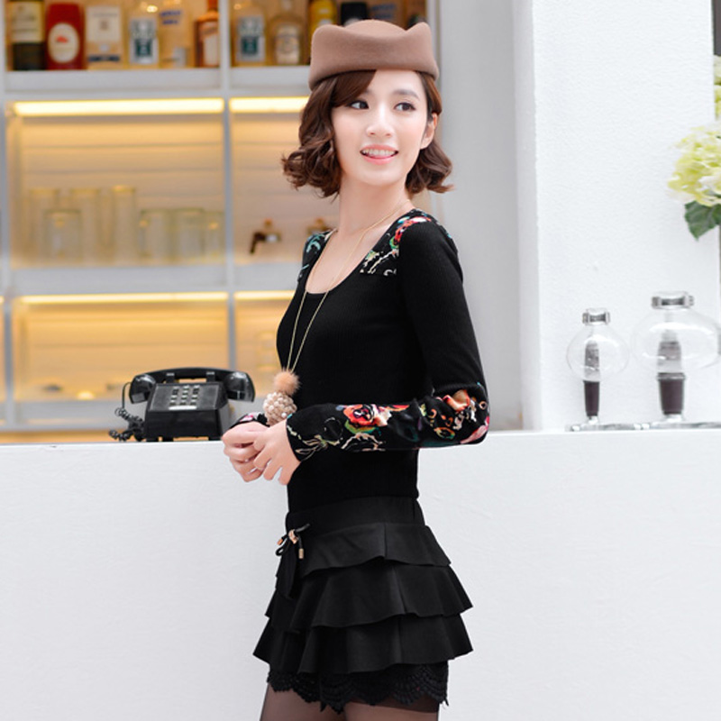 2012 winter flower colorant match black slim pullover sweater winter basic o-neck sweater female