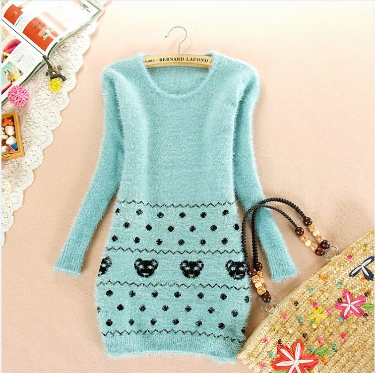 2012 winter fresh embroidery bear sweet medium-long macrotrichia knitted pullover sweater