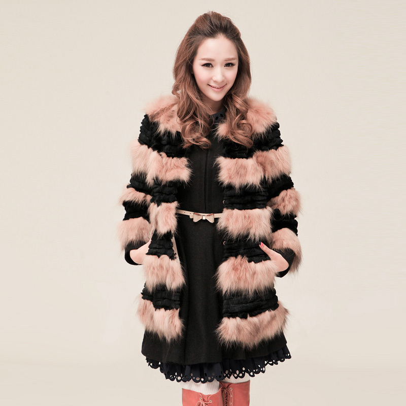 2012 winter fur overcoat quality leather of luxury fox fur rex rabbit hair overcoat leather stripe thermal outerwear