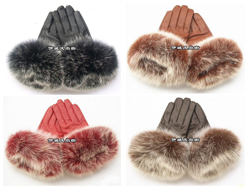 2012 Winter hot fashion fox fur Ladies Leather warm cashmere gloves