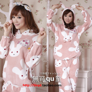 2012 winter incarcerators rabbit with a hood epineurium thickening wool coral fleece women's sleepwear