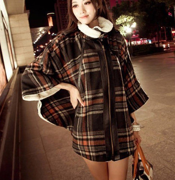 2012 Winter Korean version of the new stitching plaid striped leather epaulet bat sleeve women woolen jackets&Coat