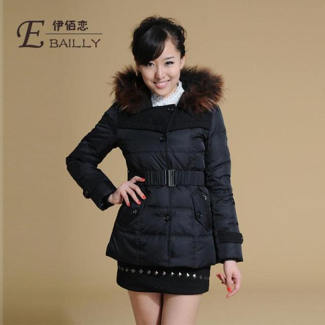 2012 winter large raccoon fur medium belt women's down coat FREE SHIPPING OUTERWEAR