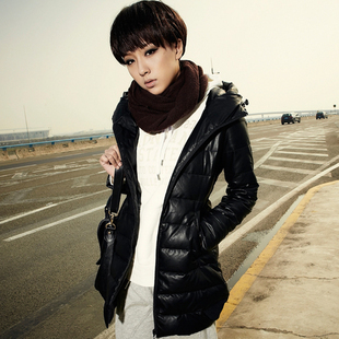 2012 winter leather clothing down coat women medium-long slim stand collar outerwear