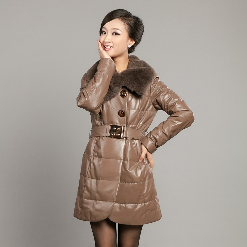 2012 winter leather clothing rex rabbit fox fur genuine leather down coat leather clothing female medium-long outerwear