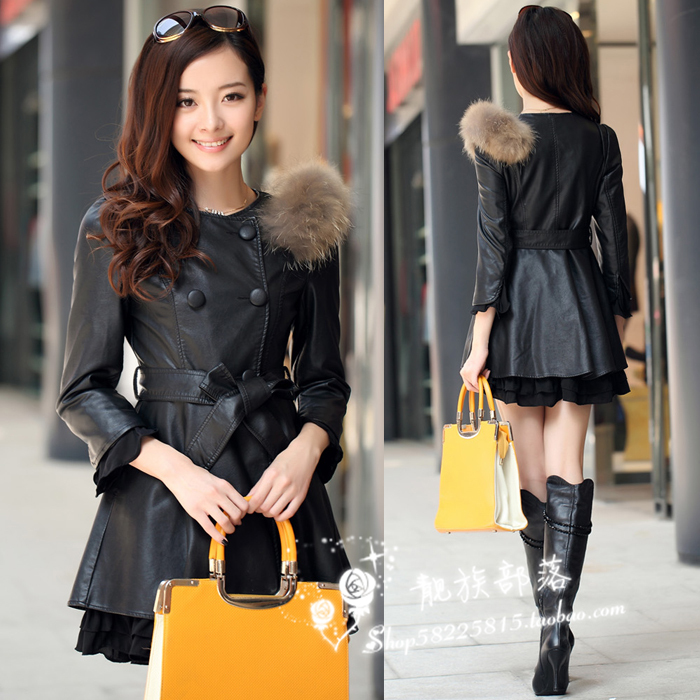 2012 winter leather coat women elegant fashion quality raccoon fur slim long design leather clothing female