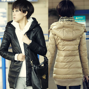 2012 winter leather down coat women medium-long slim stand collar with a hood outerwear