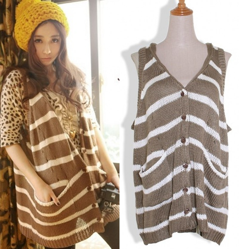 2012 winter loose V-neck sweater vest thermal stripe knitted basic shirt sweater vest women sweater