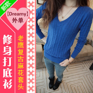 2012 winter new arrival dreamy Women eagle vintage twisted slim pullover V-neck basic shirt female w336p45