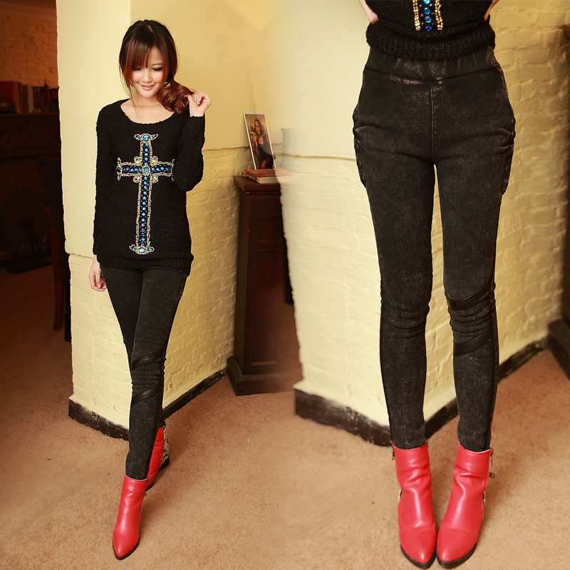 2012 winter new arrival fashion sidepiece single breasted dark color pencil pants denim pants