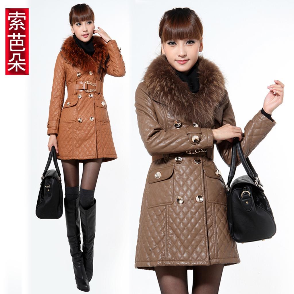 2012 winter new arrival fashion slim women's raccoon fur PU fashion leather wadded jacket outerwear long design leather clothing