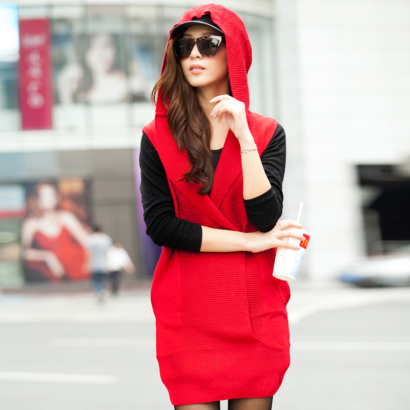 2012 winter new arrival hooded medium-long sleeveless solid color sweater dress casual one-piece dress