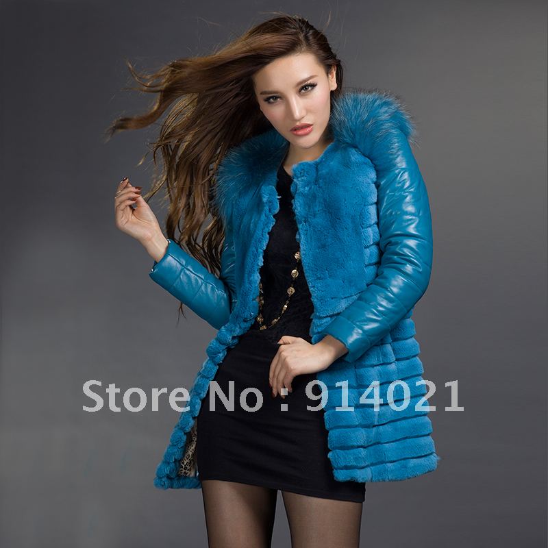 2012 Winter New Arrival Rex rabbit hair raccoon collar genuine leather down coat ,sheep skin, female fur coat medium-long