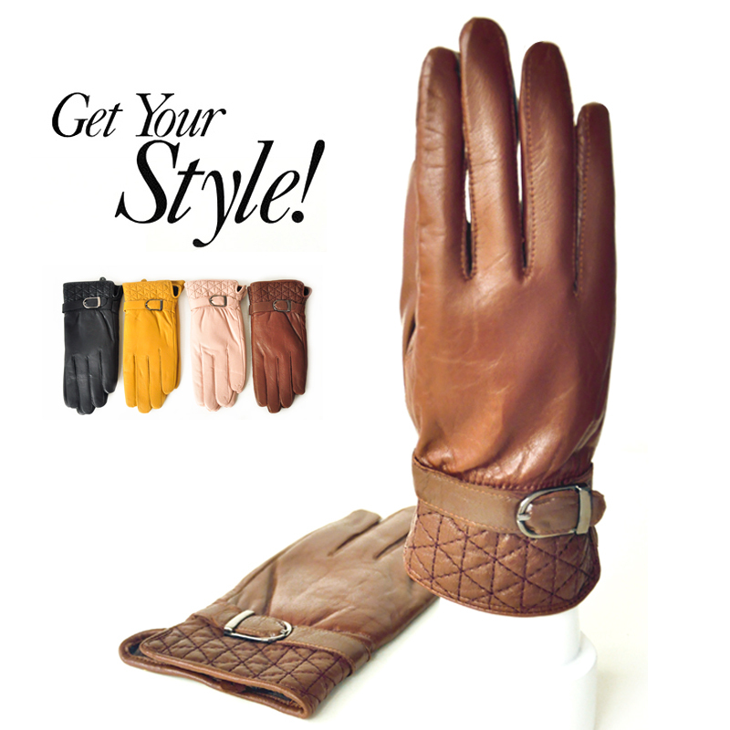 2012 winter new arrival sexy leather buckle on women's sheepskin gloves genuine leather gloves female