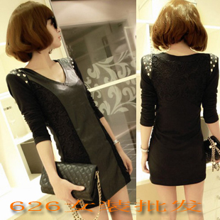 2012 winter new arrival slim lace faux leather long-sleeve women's handbag sexy basic autumn and winter one-piece dress