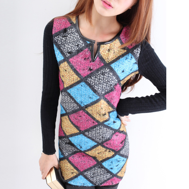 2012 winter new arrival slim leather round V-neck feather yarn long-sleeve patchwork one-piece dress ad186