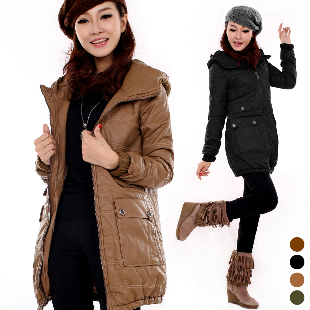 2012 winter new arrival women outerwear patchwork wool knitted PU water washed leather wadded jacket long design plus size