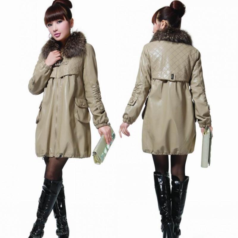 2012 winter new arrival women's formal fur collar cotton-padded medium-long leather clothing thick outerwear Free Shipping