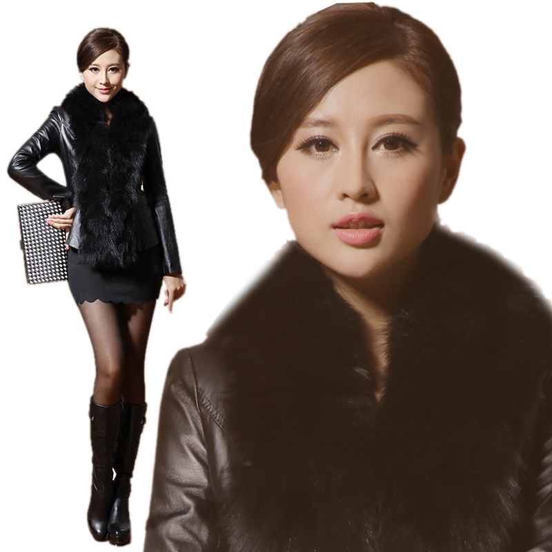 2012 winter new arrival women's slim outerwear large fur collar luxury elegant short design leather clothing fur