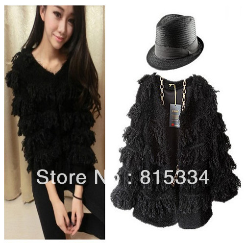 2012 winter new fashion women vintage wool tassel faux  fur coat / half sleeve short design cotton-padded outwear free shipping