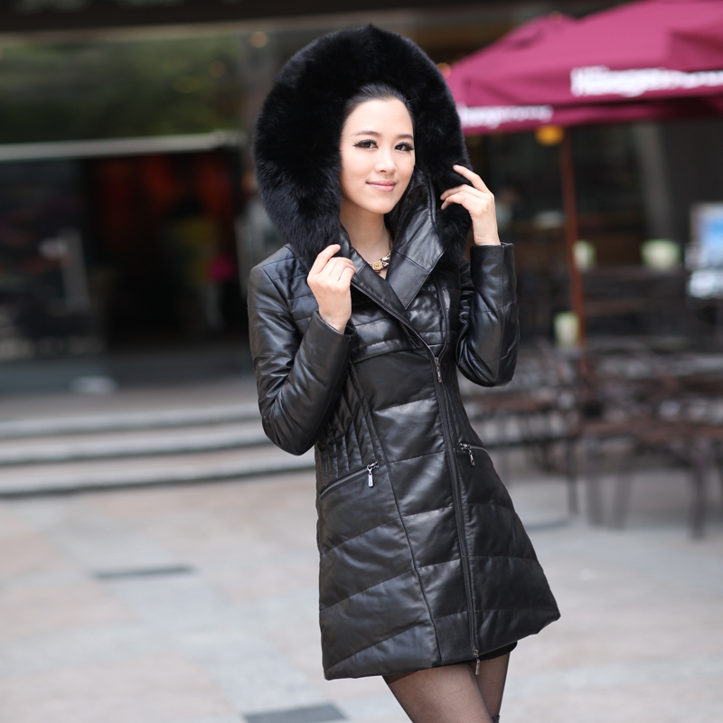 2012 Winter new genuine leather sheepskin leather clothing female long design hooded down coat outerwear fox fur