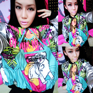 2012 winter new Women coat jacket printing lady cat Korean PU leather sleeve Star fluorescent graffiti cotton thick warm short