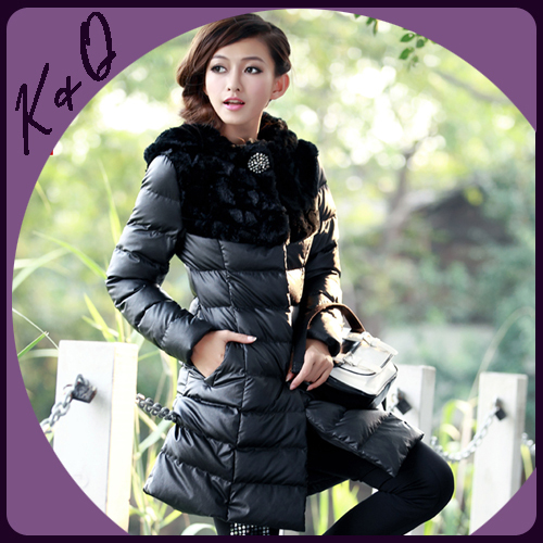 2012 winter new women's water washed leather wadded jacket medium-long slim down coat with rabbit fur decoration