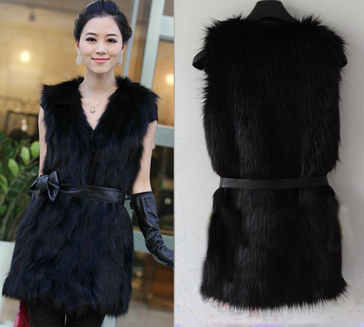 2012 Winter NEW! Womens Vintage retro Trend Celeb Black Faux fox Fur Long Vest waistcoat