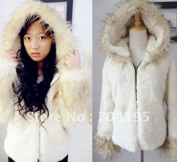 2012 Winter Outerwear    Faux  fur collar with a hood thickening  fur coat  zipper  overcoat    S M  L  XL  XXL