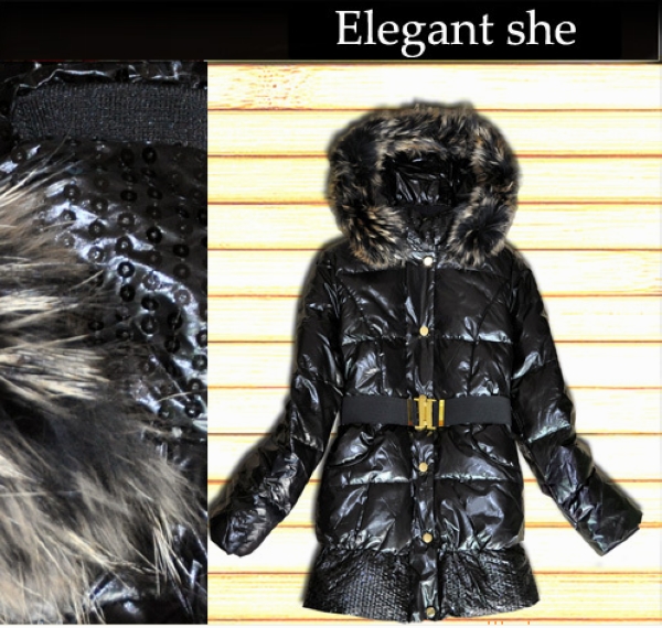 2012 winter patent leather long design thickening fur collar paillette belt Women down coat black