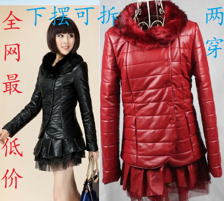 2012 winter plus size clothing outerwear women's medium-long cotton leather clothing slim fur collar PU wadded jacket