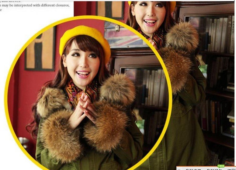 2012 winter Popular Raccoon fur wadded jacket cotton-padded coat Army Green medium-long cotton overcoat  jacket female outwear