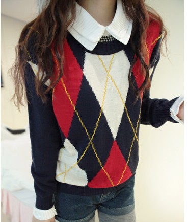 2012 winter preppy style all-match casual color block decoration long-sleeve pullover sweater outerwear female basic sweater