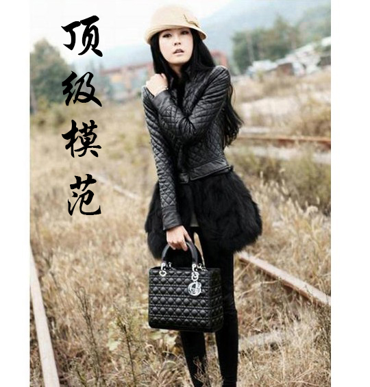 2012 winter PU clothing slim sheepskin cape hare fur collar outerwear women's