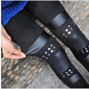 2012 winter punk rock black thickening rivet stud tights faux leather leggings pants kneepad fashion legging for women 130106