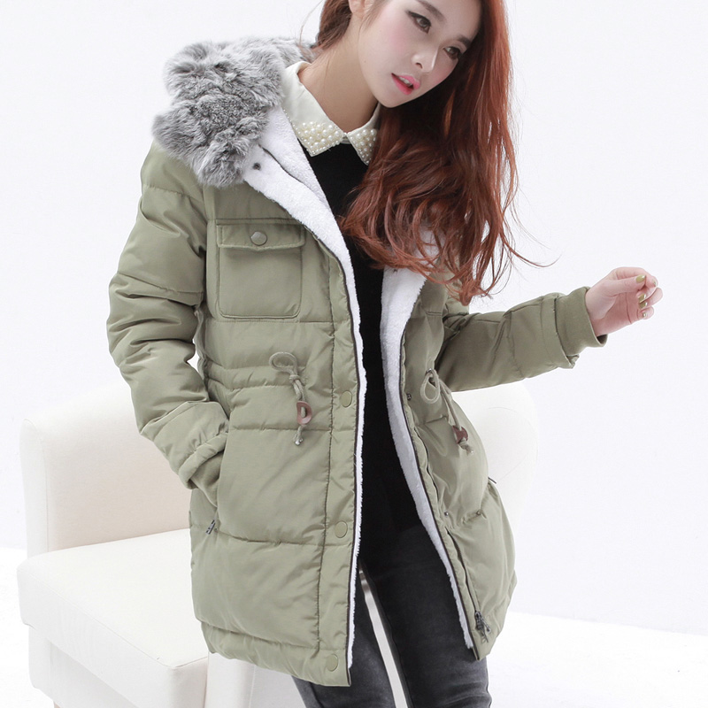 2012 winter rabbit fur patchwork with a hood medium-long thermal down coat berber fleece outerwear ac799