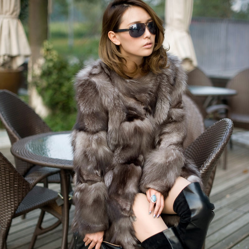 2012 winter silver fox fur coat fashion fur overcoat medium-long women's