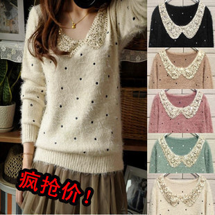 2012 winter slim gold paillette peter pan collar dot embroidery medium-long mohair sweater Free Shipping