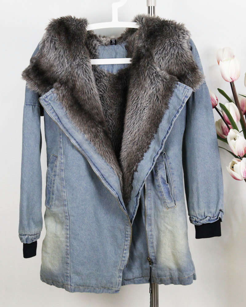 2012 winter slim large lapel thickening fleece denim wadded jacket cotton-padded jacket outerwear female