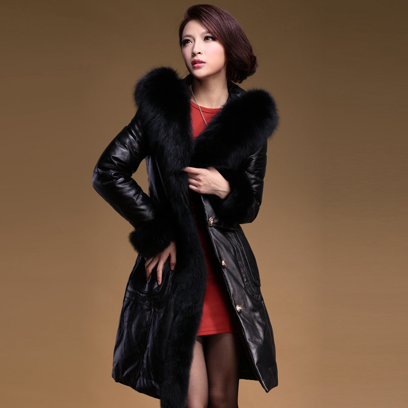 2012 winter slim long design genuine leather sheepskin down coat overcoat outerwear