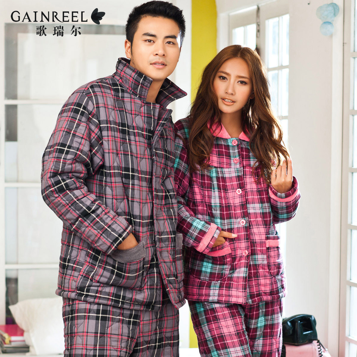 2012 winter song riel plaid lovers sleepwear thick cotton-padded male women's lounge set