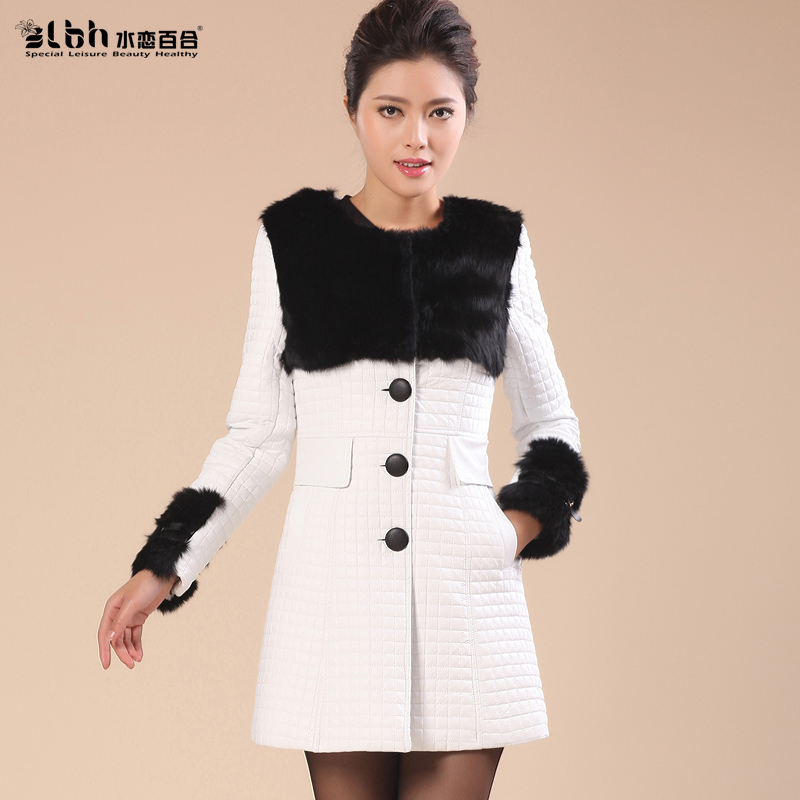 2012 winter white collar women's PU clothing female medium-long leather wadded jacket outerwear