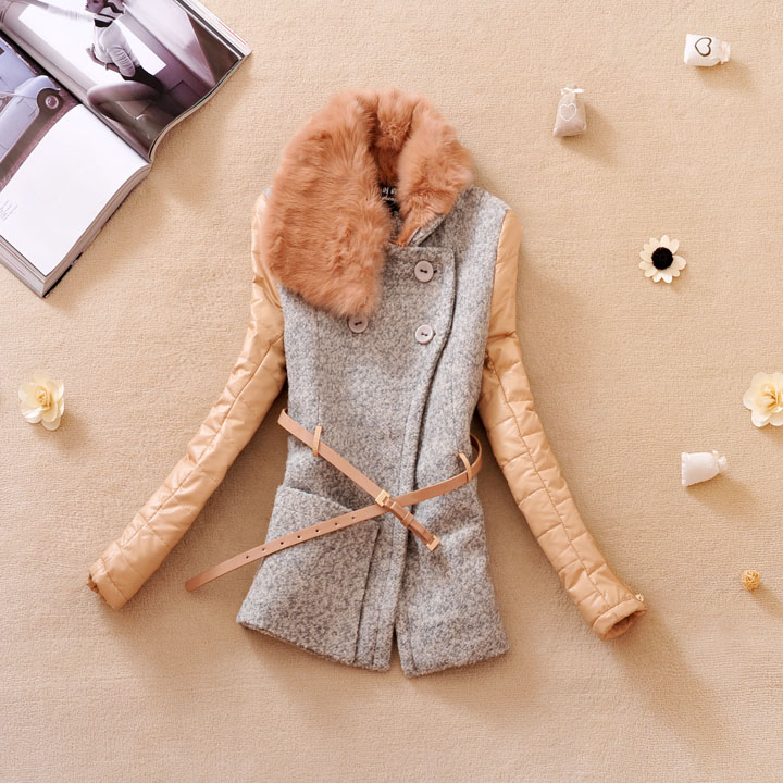 2012  winter women fashion rabbit fur collar fashion PU leather patchwork short jacket,lady winter clothing