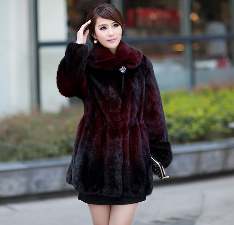 2012 winter Women mink hair outerwear Wine red fur overcoat