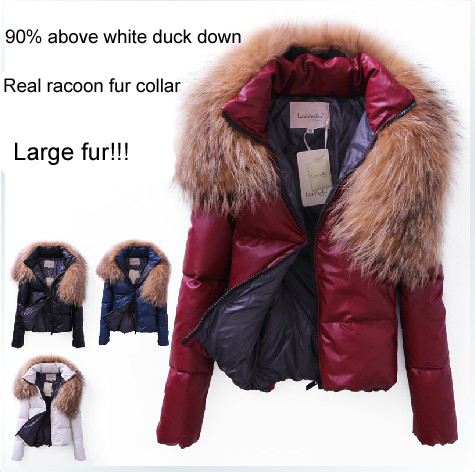 2012 Winter Women's Down Coat PU leather Jacket Duvetica luxury large fur collar wool Lady's s down jacket  casual outerwear EMS